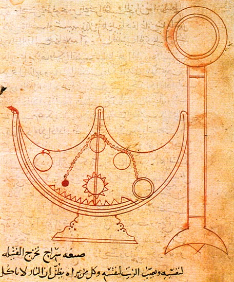 An illustration of a self-trimming lamp from Ahmad's On Mechanical Devices, written in Arabic.