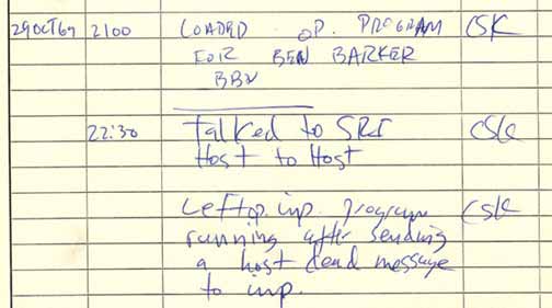 First ARPANET IMP log: the first message ever sent via the ARPANET, 10:30 pm, 29 October 1969. This IMP Log excerpt, kept at UCLA, describes setting up a message transmission from the UCLA SDS Sigma 7 Host computer to the SRI SDS 940 Host computer.