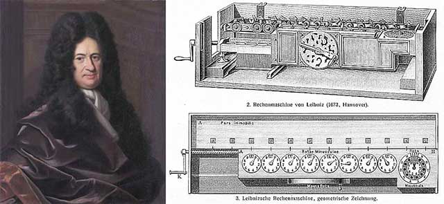 Portrait of Gottfried Wilhelm Leibniz and drawing of his Stepped Reckoner
