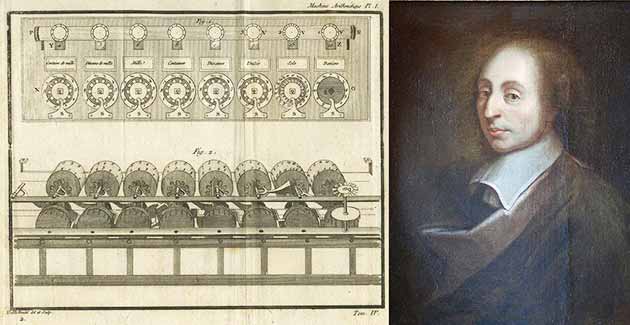 Portrait of Blaise Pascal and drawing of his Pascaline machine